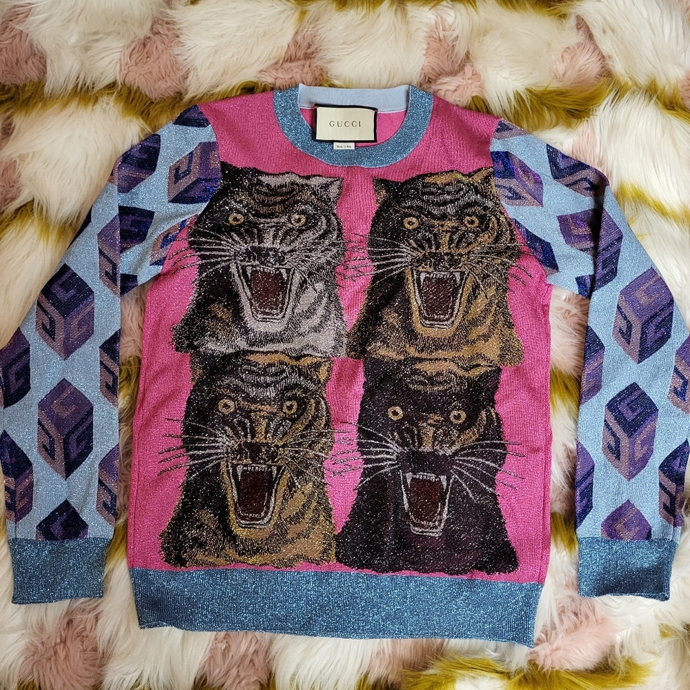 Gucci Blue Pink Tiger Patterned Lure Sweater Pullover Sx Cat Panther Garden